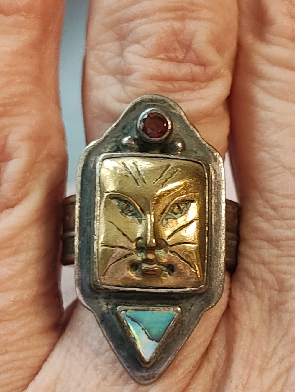 TABRA RING Artisan Gold-Tone Face & Turquoise Inlay Statement Ring - Unbranded